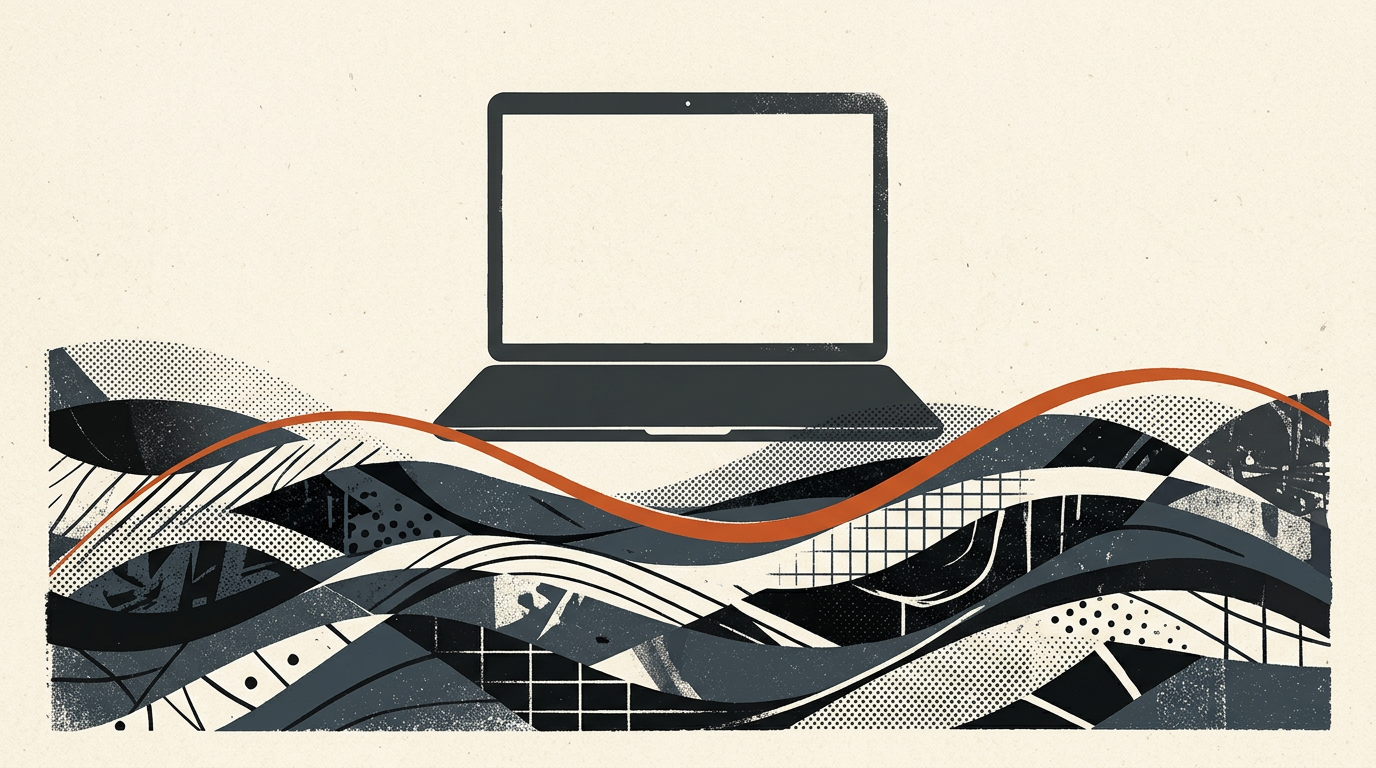 Abstract illustration of a minimalist laptop silhouette set against charcoal layered shapes on an off-white background with a burnt-orange line.