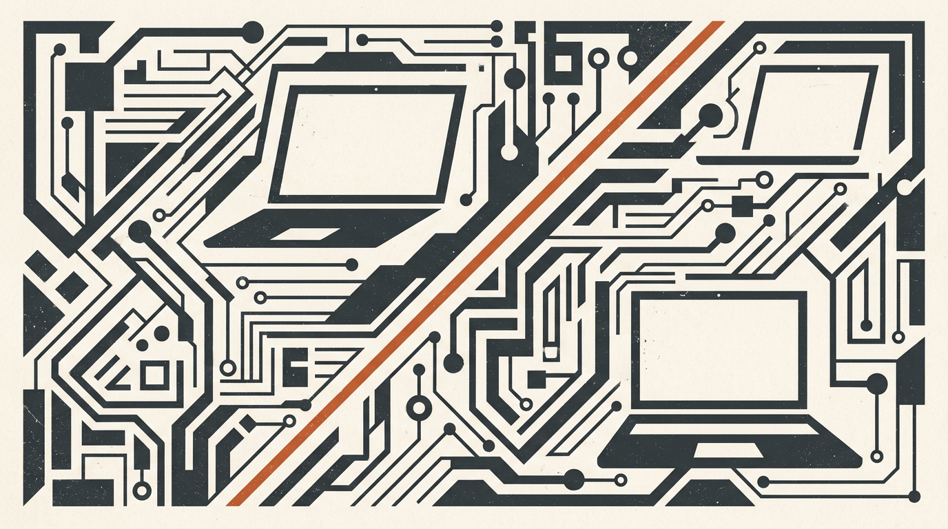 Abstract editorial illustration featuring geometric circuit patterns and laptop shapes in charcoal and burnt orange on a warm off-white background.
