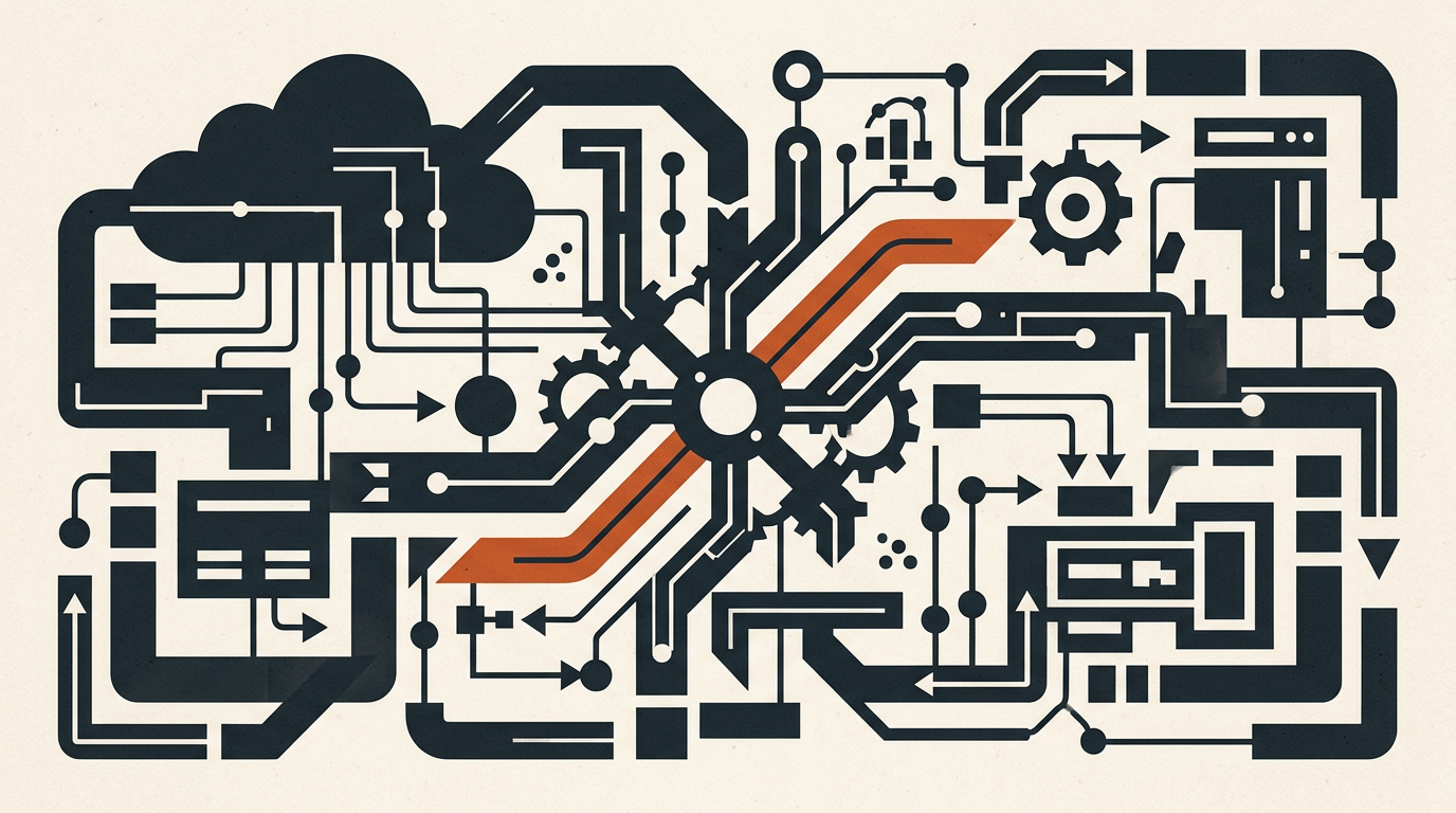 Abstract geometric illustration representing computer system integration in charcoal and burnt orange on off-white.
