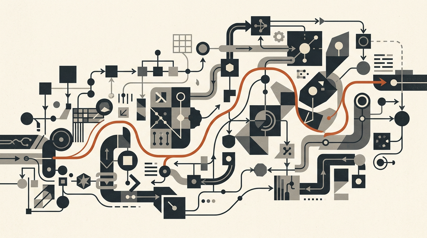 Abstract vector illustration of connected nodes in charcoal and burnt orange on an off-white background.