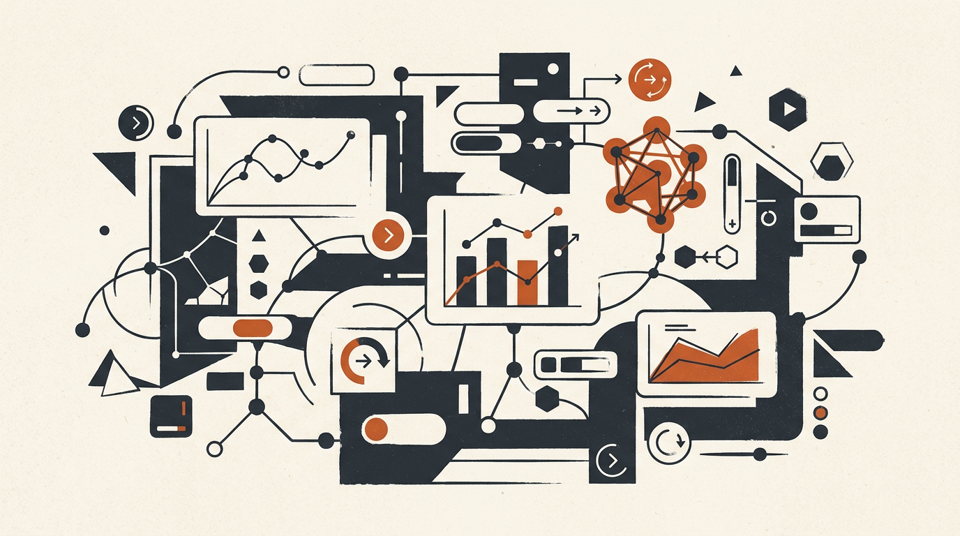 Abstract vector illustration of geometric diagrams, charts, and interface buttons in charcoal and burnt orange.