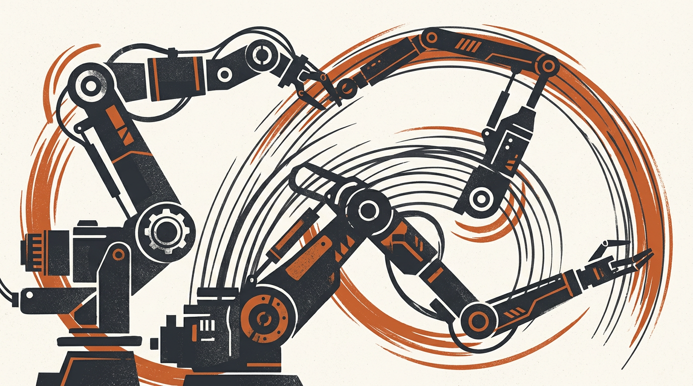 Abstract illustration of motion tracking patterns and dark geometric forms on an off-white background with orange accents.