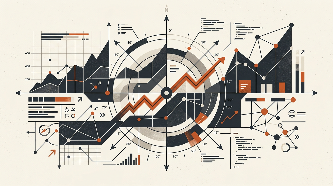 Abstract editorial illustration featuring geometric graphs and user interface elements in charcoal and burnt orange on an off-white background.