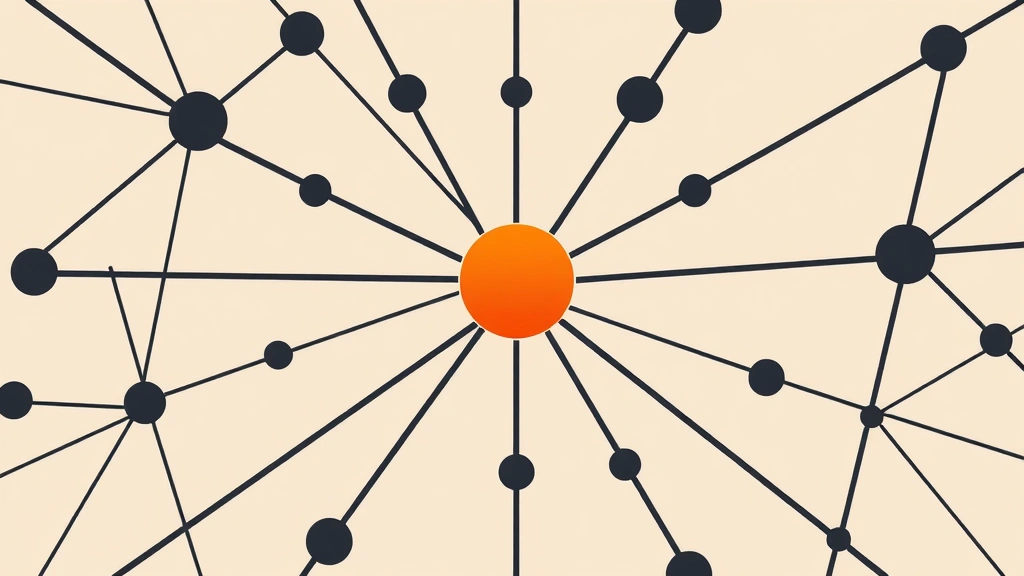 Abstract geometric network nodes in charcoal and burnt-orange on an off-white background.