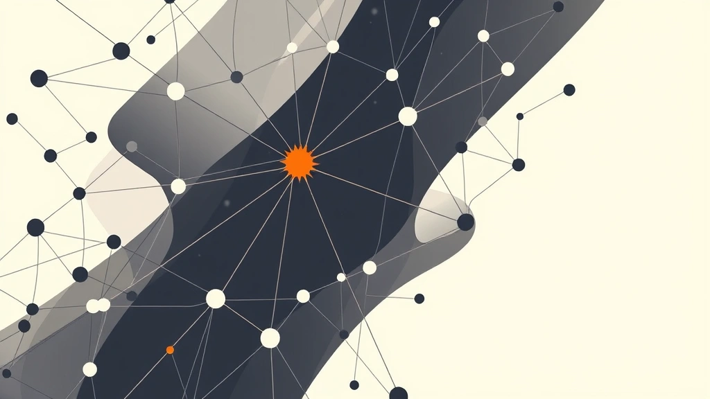 Abstract vector illustration of a charcoal network on an off-white background with one orange accent.