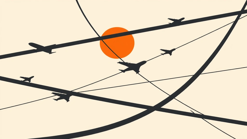 Abstract geometric representation of air traffic paths in charcoal and orange