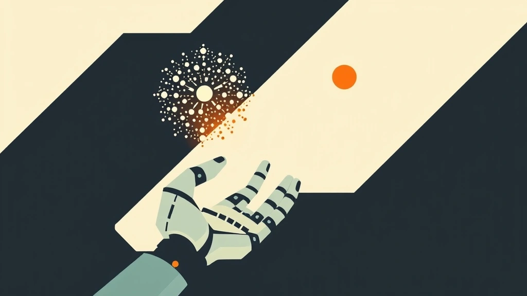 Abstract vector illustration of a robotic hand and a neural network sphere