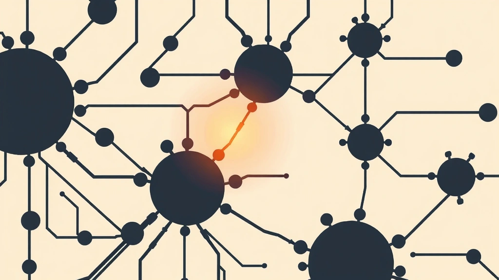 Abstract vector illustration of a network circuit with a single orange highlight.