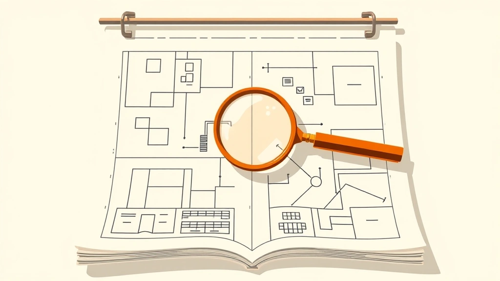 Abstract vector illustration of a magnifying glass over technical blueprints
