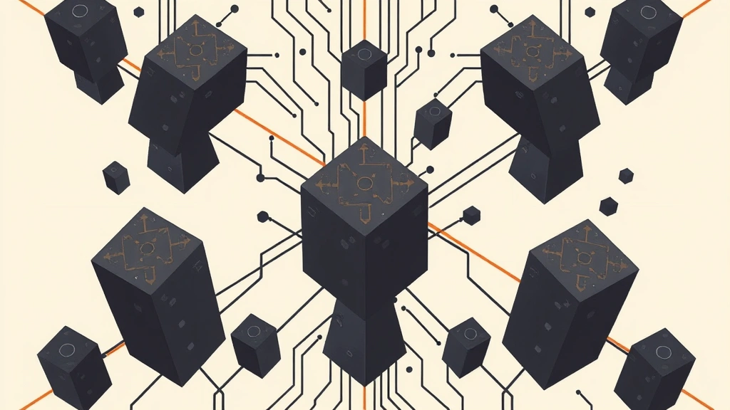 Abstract geometric circuits in charcoal and burnt-orange on an off-white background