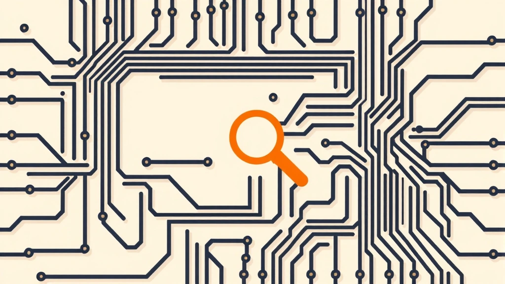 Abstract vector illustration of a dark charcoal circuit labyrinth on off-white with a burnt-orange accent.