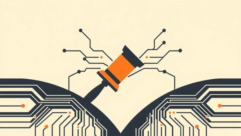 Abstract illustration of a gavel and digital circuits.