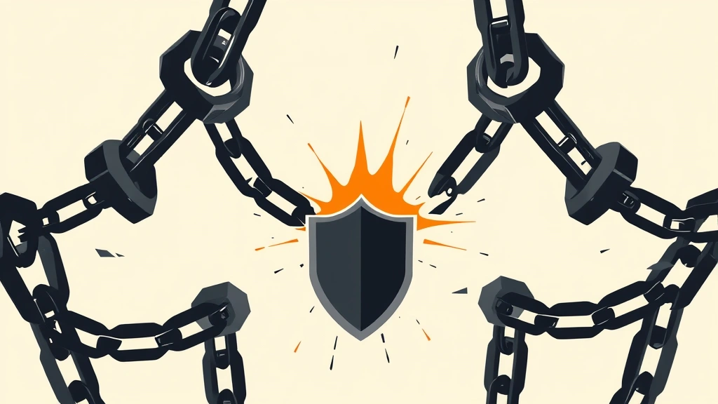 Abstract illustration of broken digital chains and fragmented shields