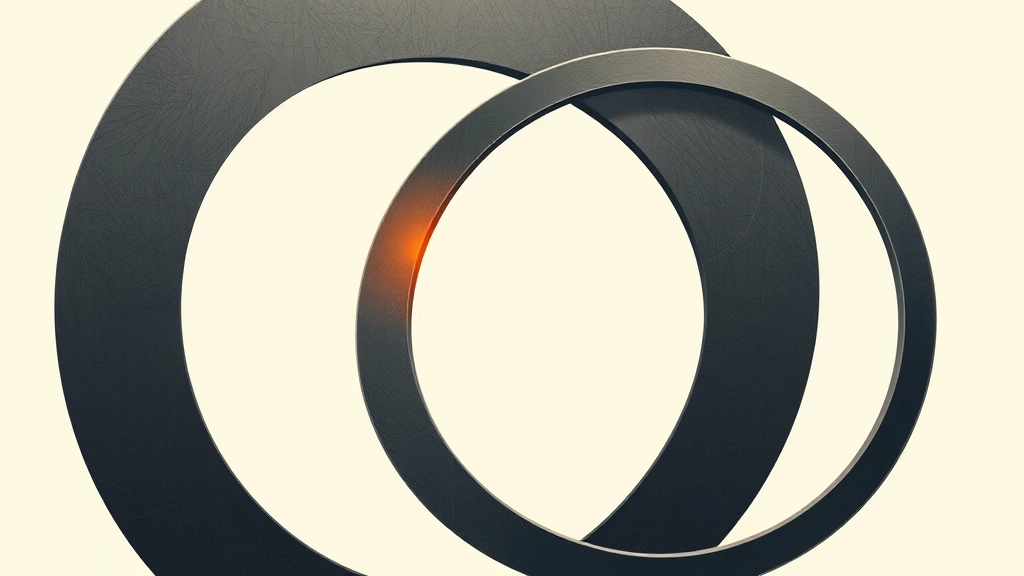 Abstract illustration of two overlapping metallic rings in charcoal and burnt-orange.