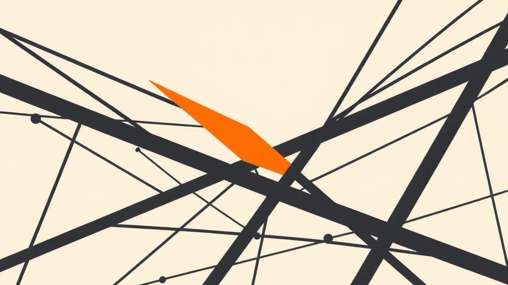 Abstract charcoal lines and a single orange shard on off-white.