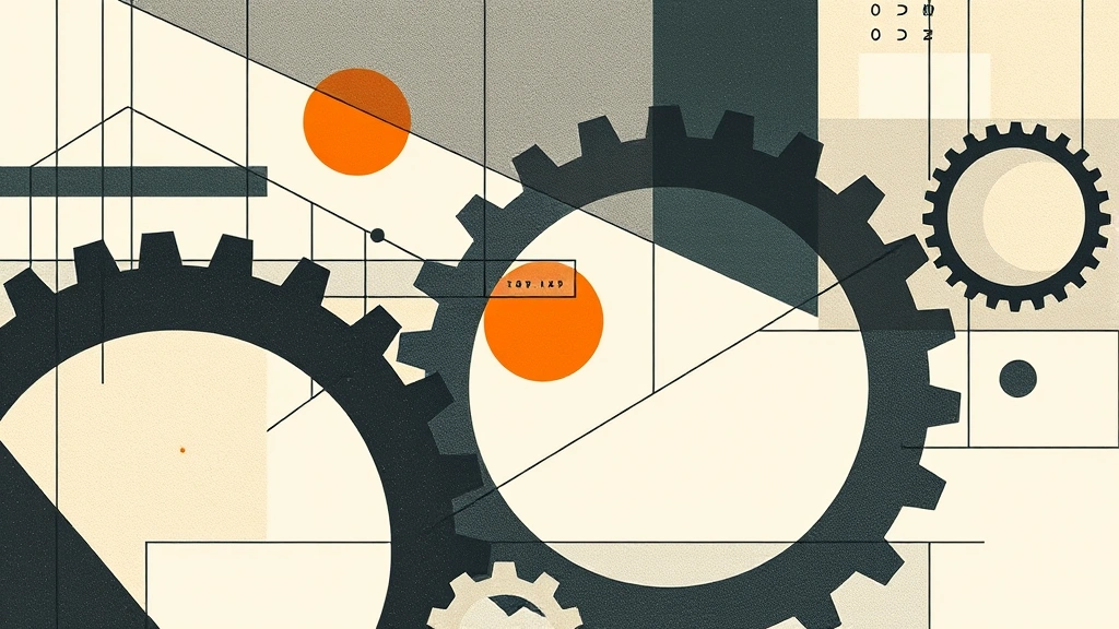 Abstract geometric illustration of interlocking gears and planes