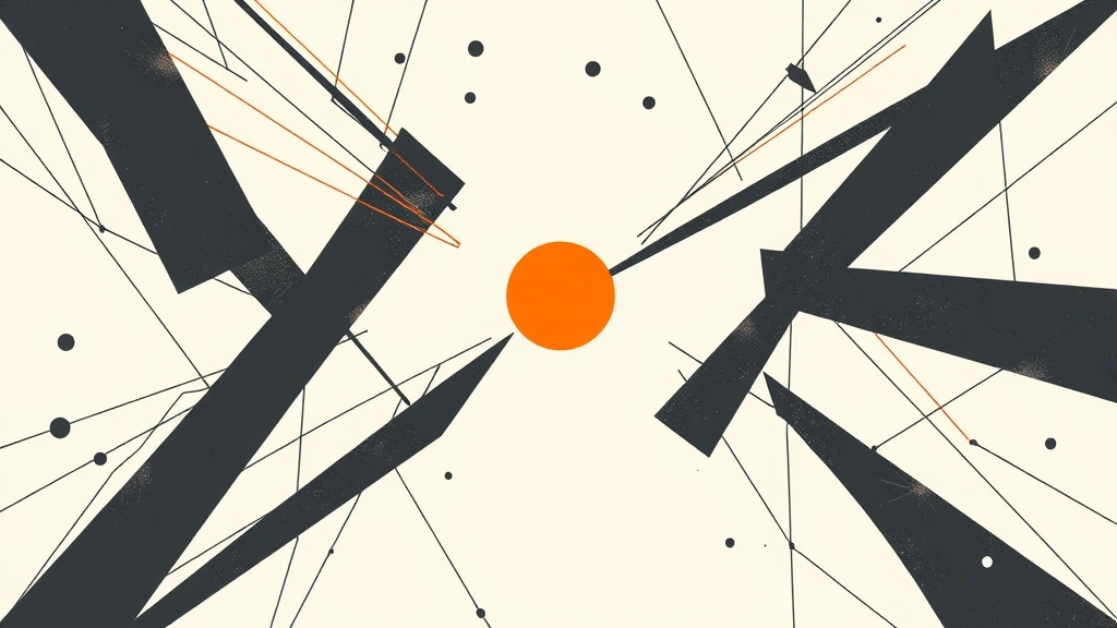 Abstract geometric illustration of charcoal shards and a single orange circle on off-white.