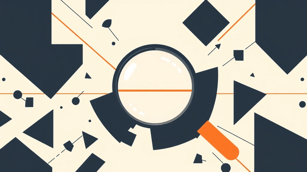 Abstract vector illustration of a magnifying glass over a charcoal digital grid on an off-white background.