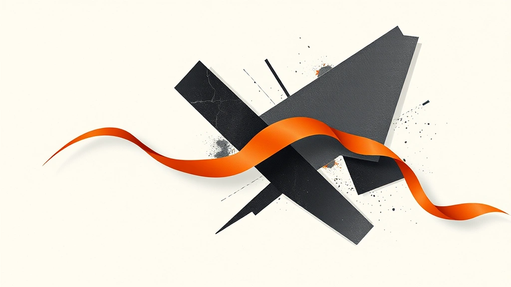 Abstract geometric shards with a burnt-orange ribbon on an off-white background.