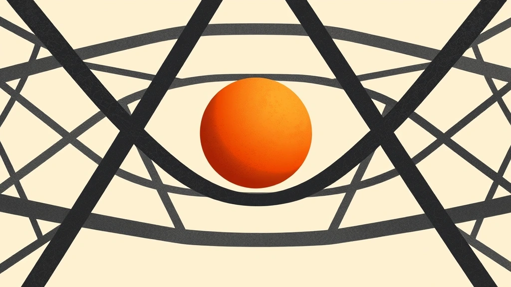 A burnt-orange sphere held within a charcoal geometric grid.