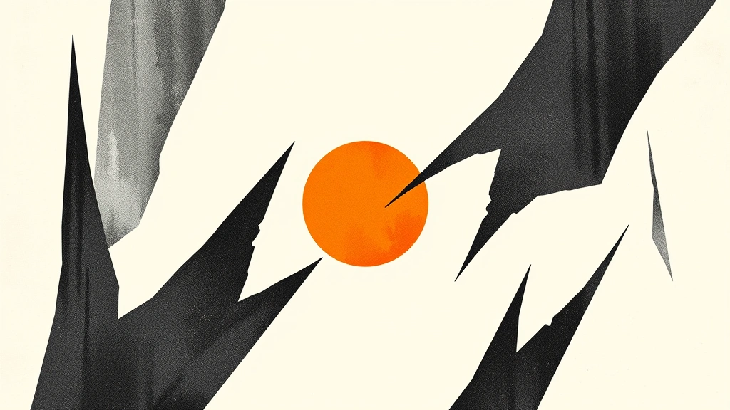 Abstract jagged charcoal lines and a burnt-orange circle on off-white background